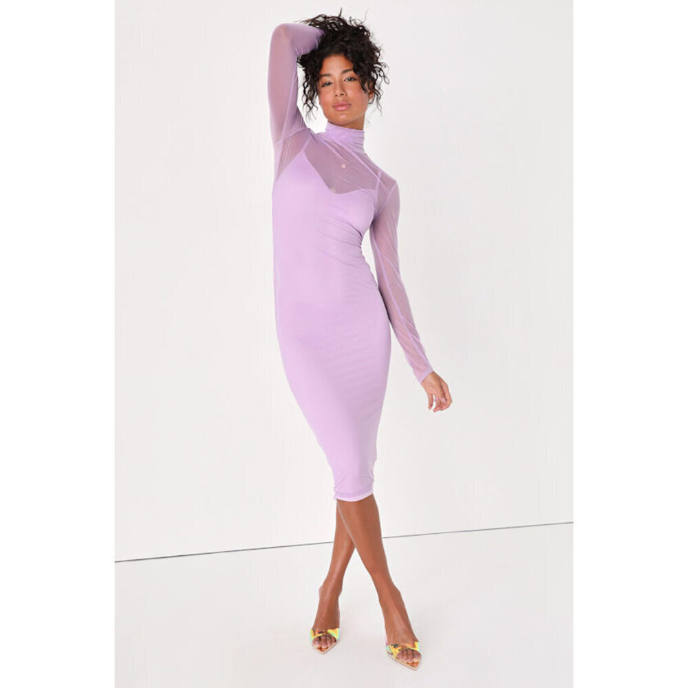 Lulus Dazzling Haze Lavender Mesh Long Sleeve Bodycon Midi Dress Purple - Size S
